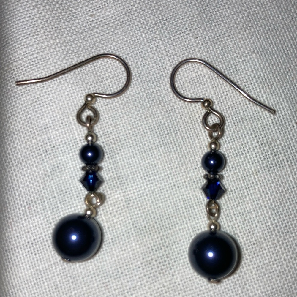 Pr. Earrings with 3 blk plastic beads in various shapes & sizes, Silvertone $10